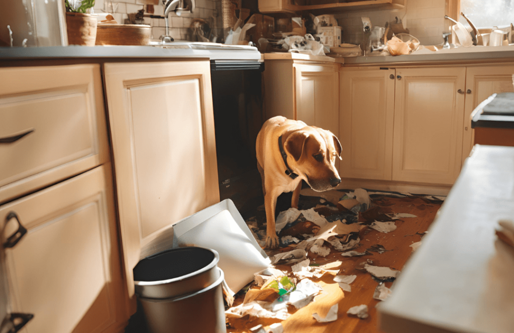 犬がゴミ箱をあさっている写真。
キッチンのゴミ箱を犬があさっている写真。